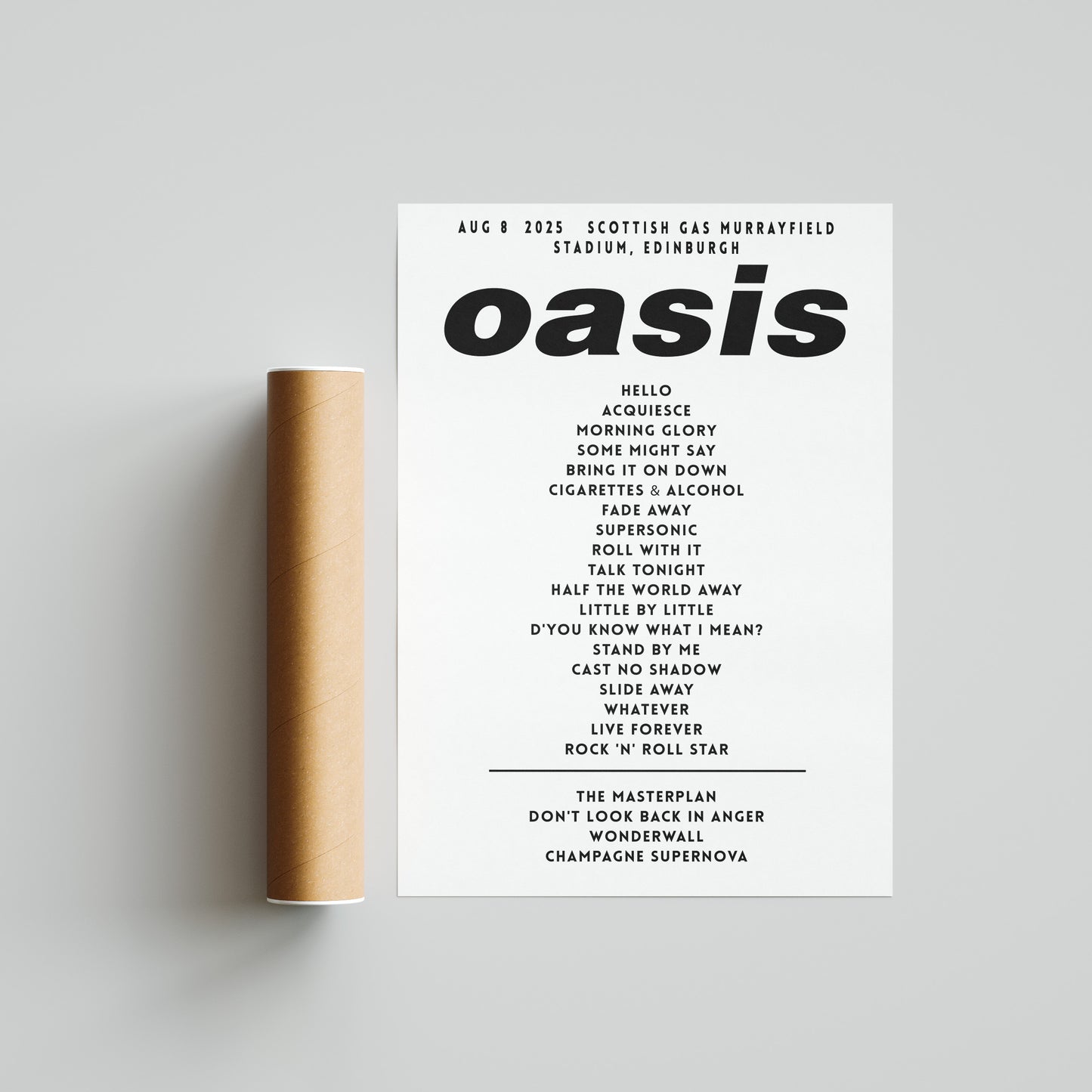 Oasis Setlist Poster - 8th August, Scottish Gas Murrayfield Stadium, Edinburgh, Scotland