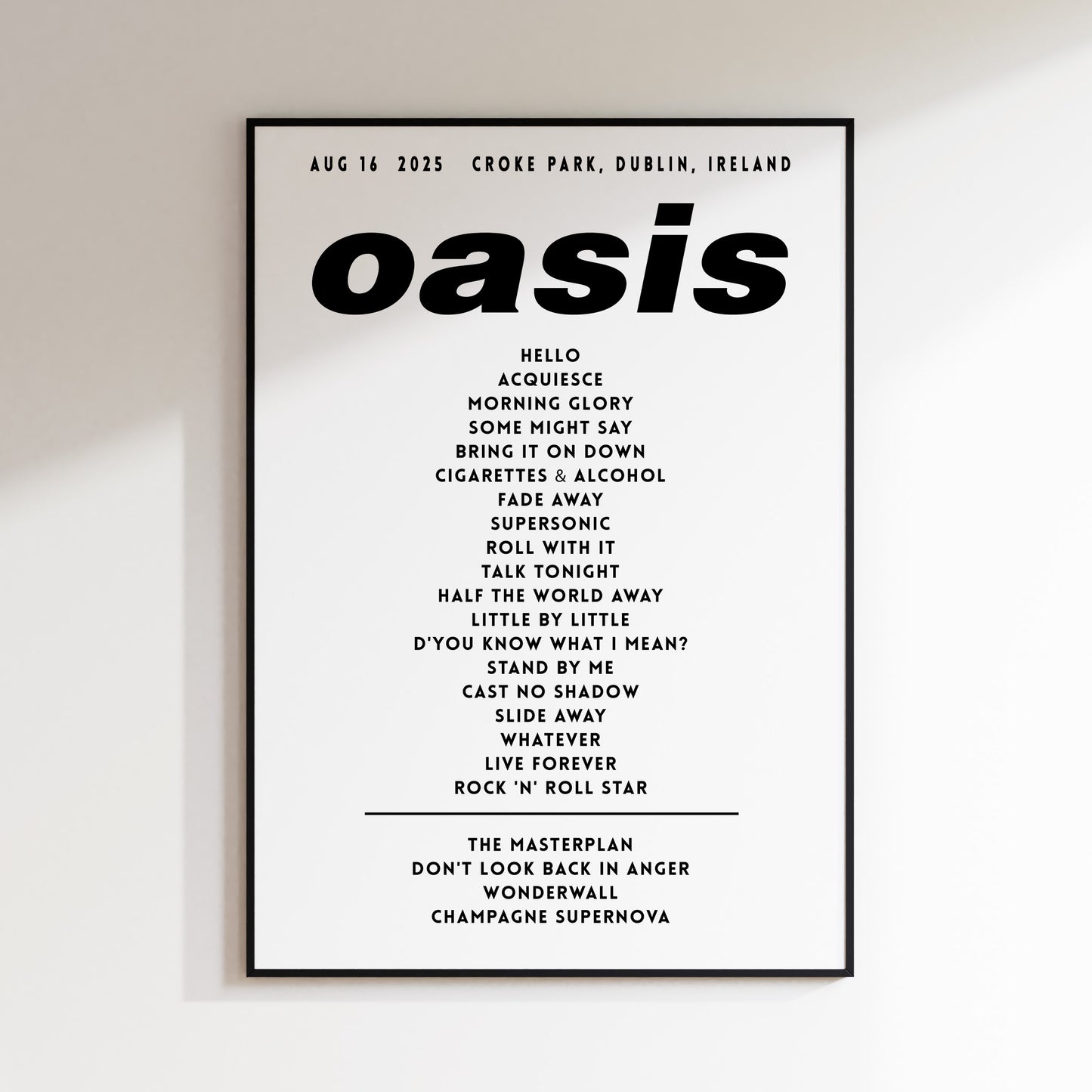 Oasis Setlist Poster - 16th August 2025, Croke Park, Dublin, Ireland