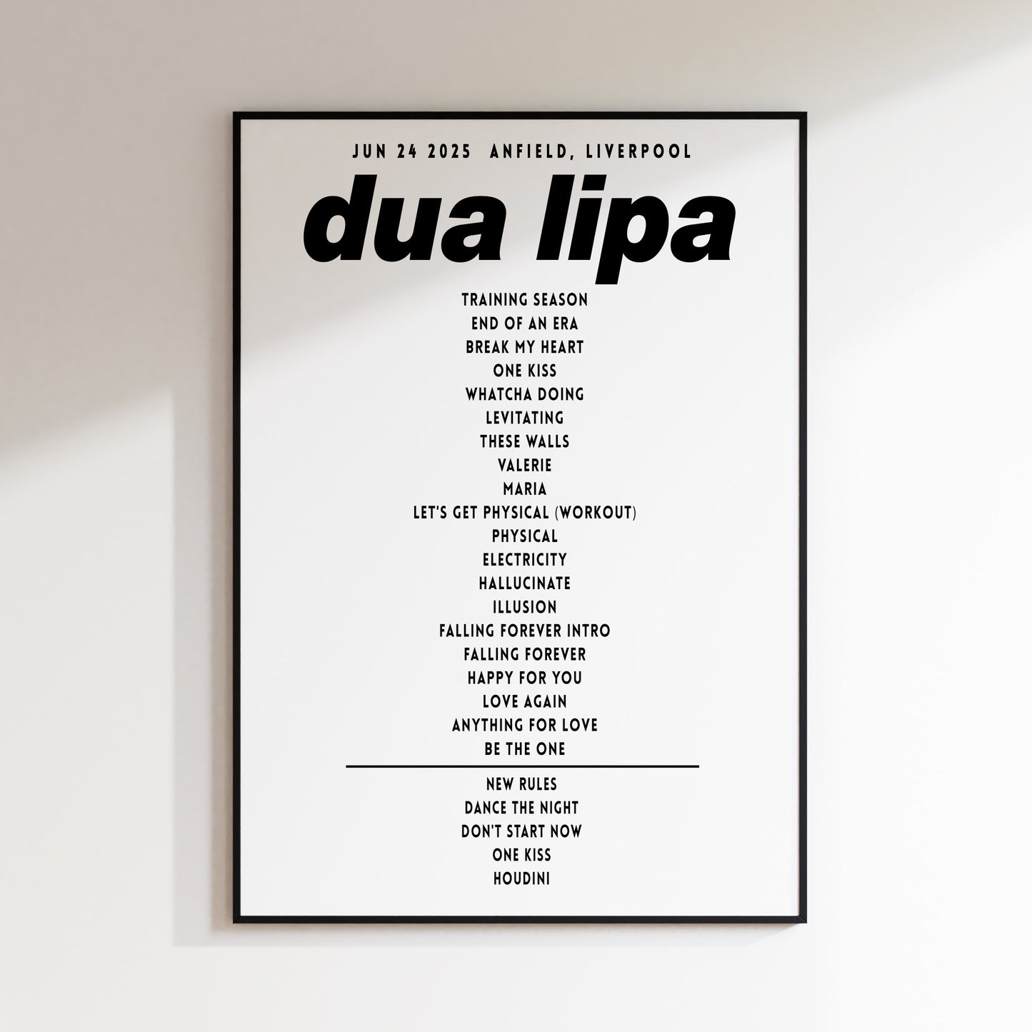 Dua Lipa Setlist Poster- Anfield, Liverpool 2025 UK Poster – Radical Optimism Tour Print