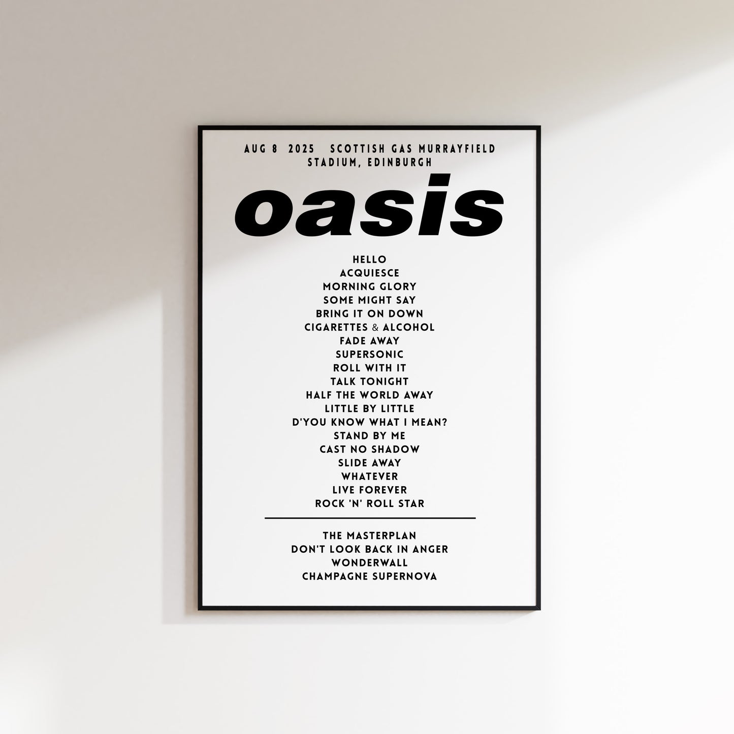 Oasis Setlist Poster - 8th August, Scottish Gas Murrayfield Stadium, Edinburgh, Scotland