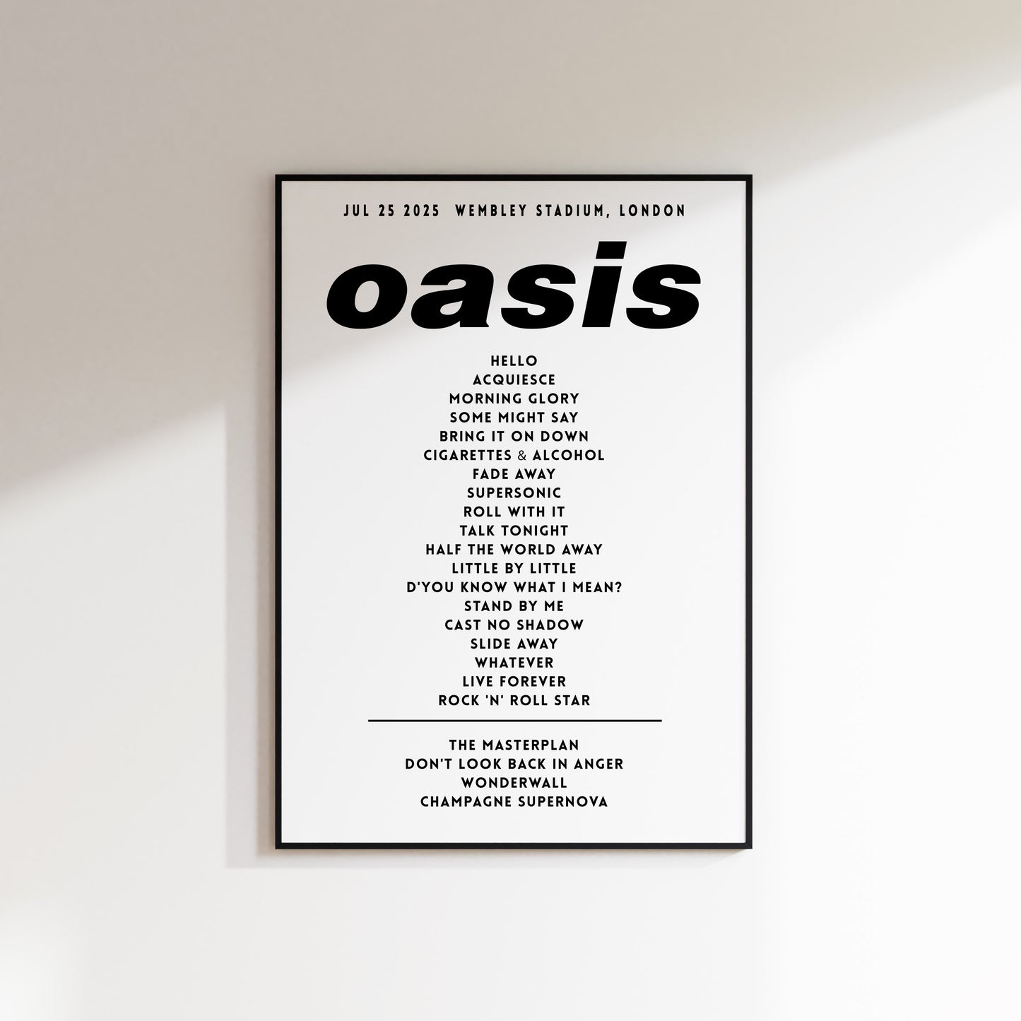 Oasis Setlist Poster - 25th July, Wembley Stadium, London