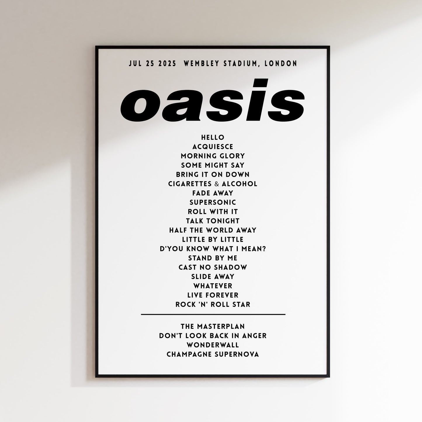 Oasis Setlist Poster - 25th July, Wembley Stadium, London