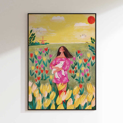 Woman in spring tulip field