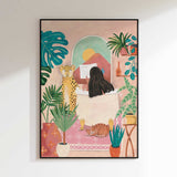 Woman taking bath in pink tropical bathroom