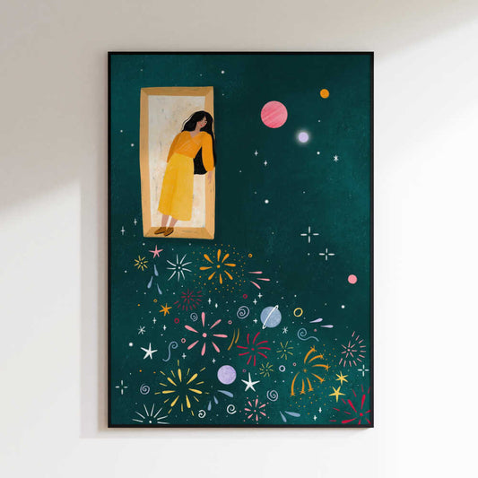 Girl and Cosmic Fireworks
