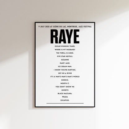 RAYE setlist – 9 July 2025 at Scène du Lac, Montreux