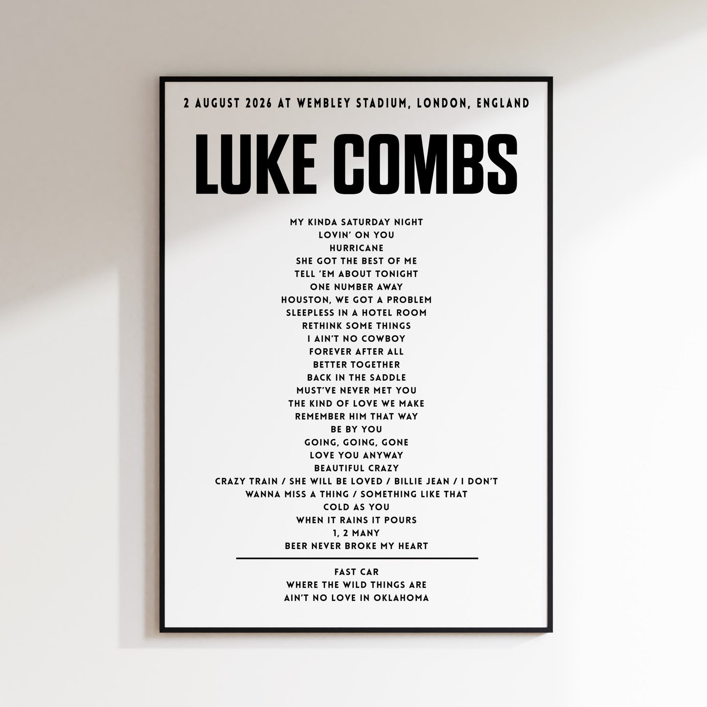 Luke Combs setlist – 2nd August 2026 at Wembley Stadium, London, England