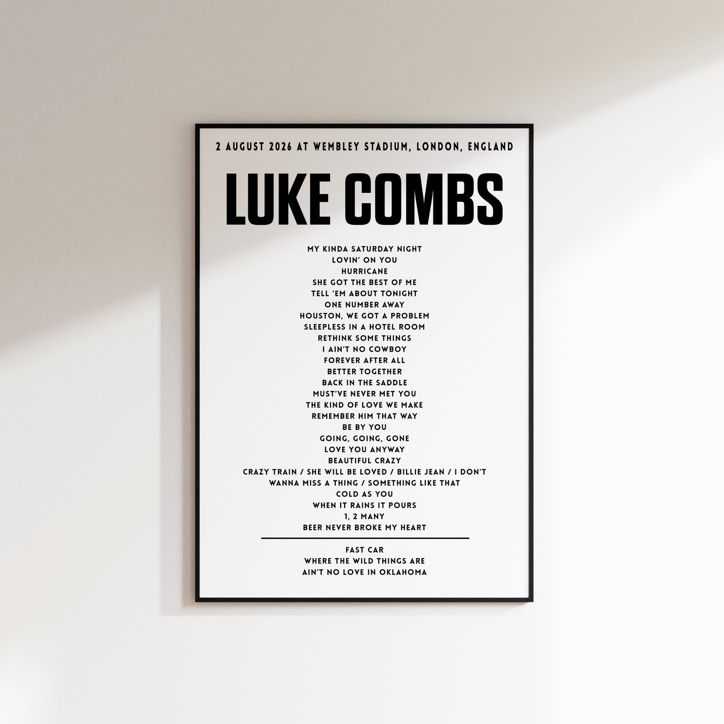 Luke Combs setlist – 2nd August 2026 at Wembley Stadium, London, England