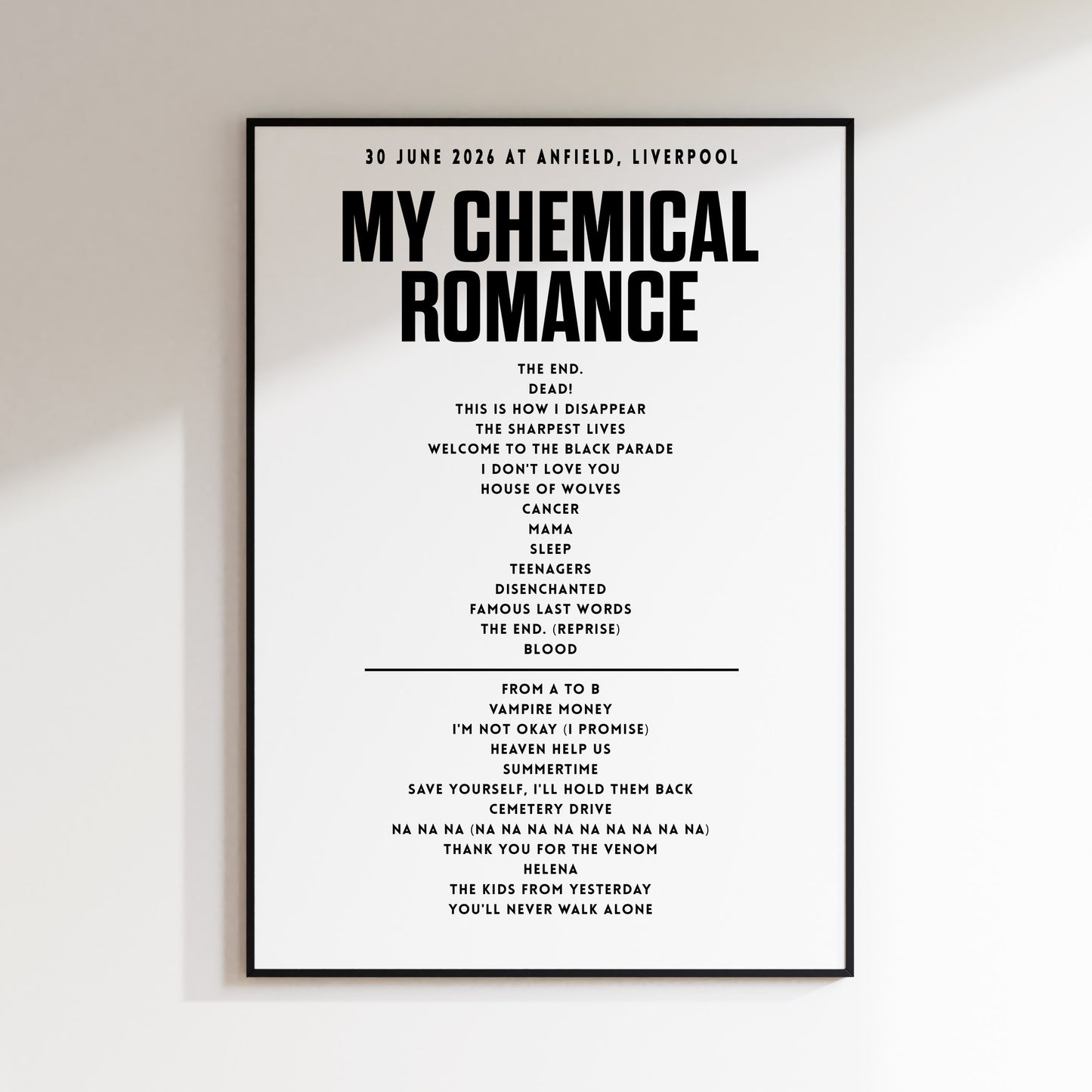 MY CHEMICAL ROMANCE setlist - 30 June 2026 at Anfield, Liverpool