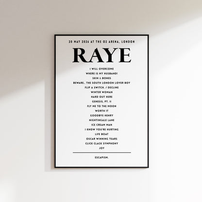 RAYE Setlist - 20th May 2026 at The O2 Arena, London, England