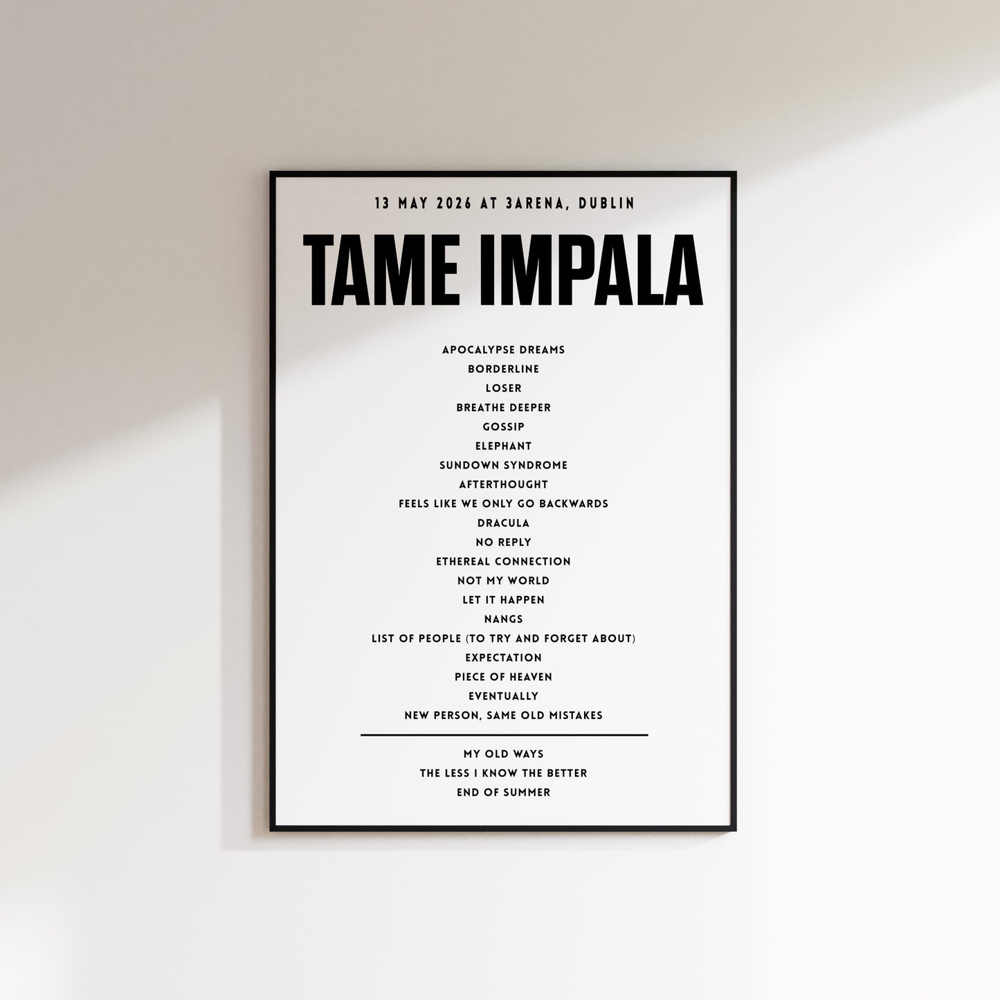 Tame Impala setlist - 13th May 2026 at 3Arena, Dublin