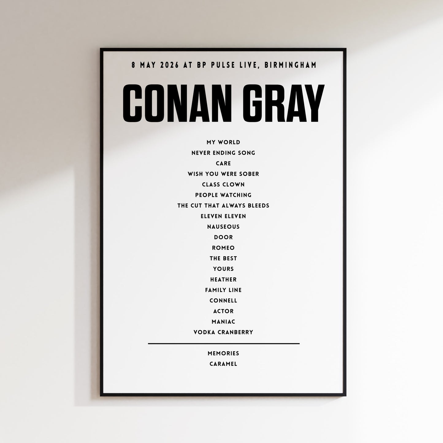 Conan Gray Setlist - 8th May 2026 at BP Pulse Live, Birmingham, England