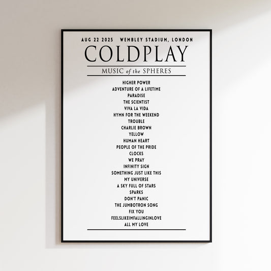 Coldplay Music of the Sphere Your Setlist Poster - 22nd August, Wembley Stadium, London UK