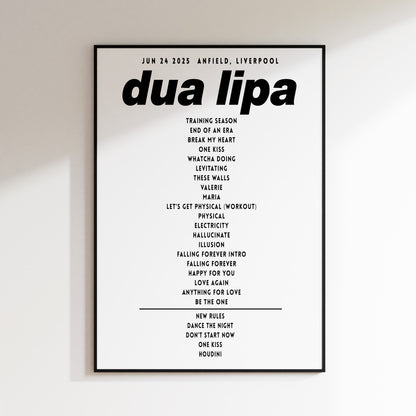 Dua Lipa Setlist Poster- Anfield, Liverpool 2025 UK Poster – Radical Optimism Tour Print
