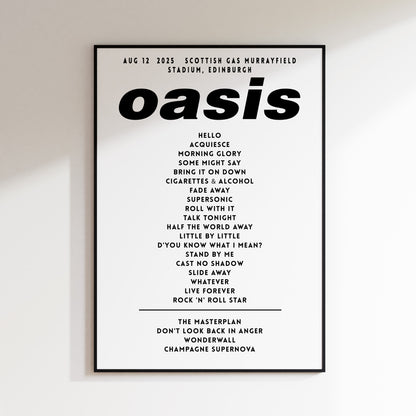 Oasis Setlist Poster - 12th August,  Scottish Gas Murrayfield Stadium, Edinburgh, Scotland