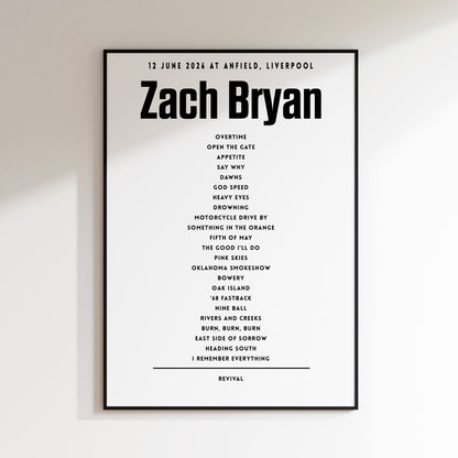 Zach Bryan Setlist - 12th June 2026 at Anfield, Liverpool, England