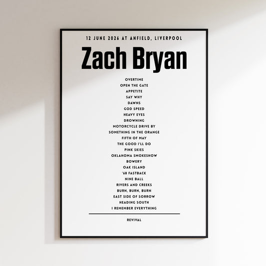 Zach Bryan Setlist - 12th June 2026 at Anfield, Liverpool, England