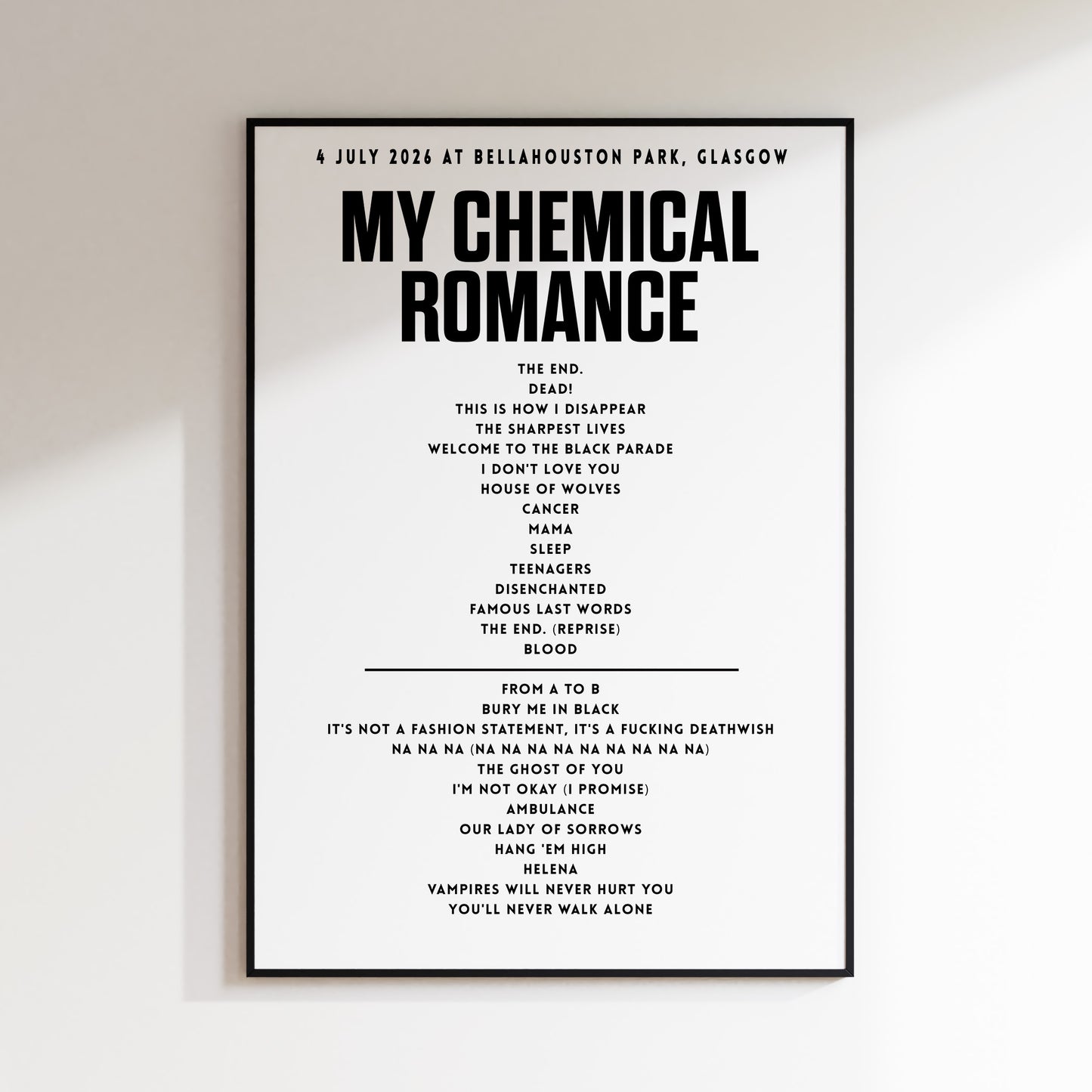 MY CHEMICAL ROMANCE setlist - 4 July 2026 at Bellahouston Park, Glasgow