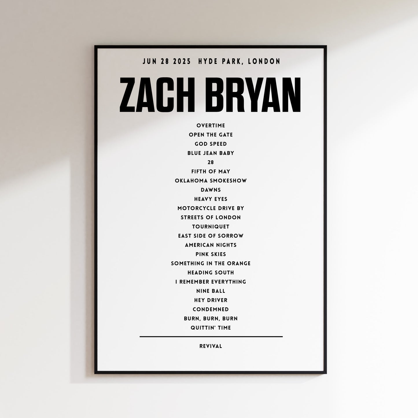 Zach Bryan Setlist, June 28th 2025, Hyde Park, London