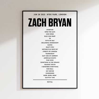 Zach Bryan Setlist, June 28th 2025, Hyde Park, London