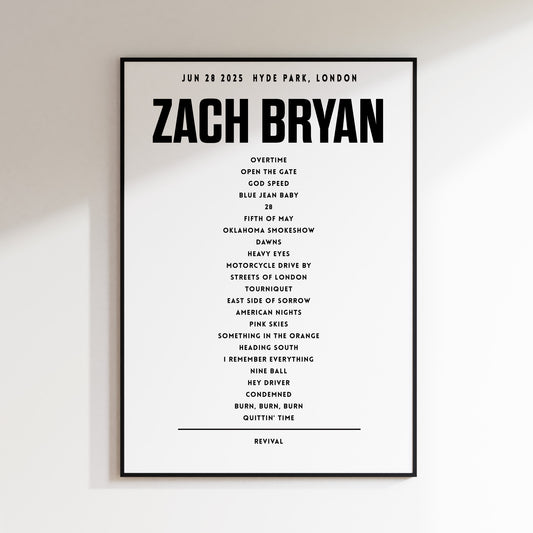 Zach Bryan Setlist, June 28th 2025, Hyde Park, London