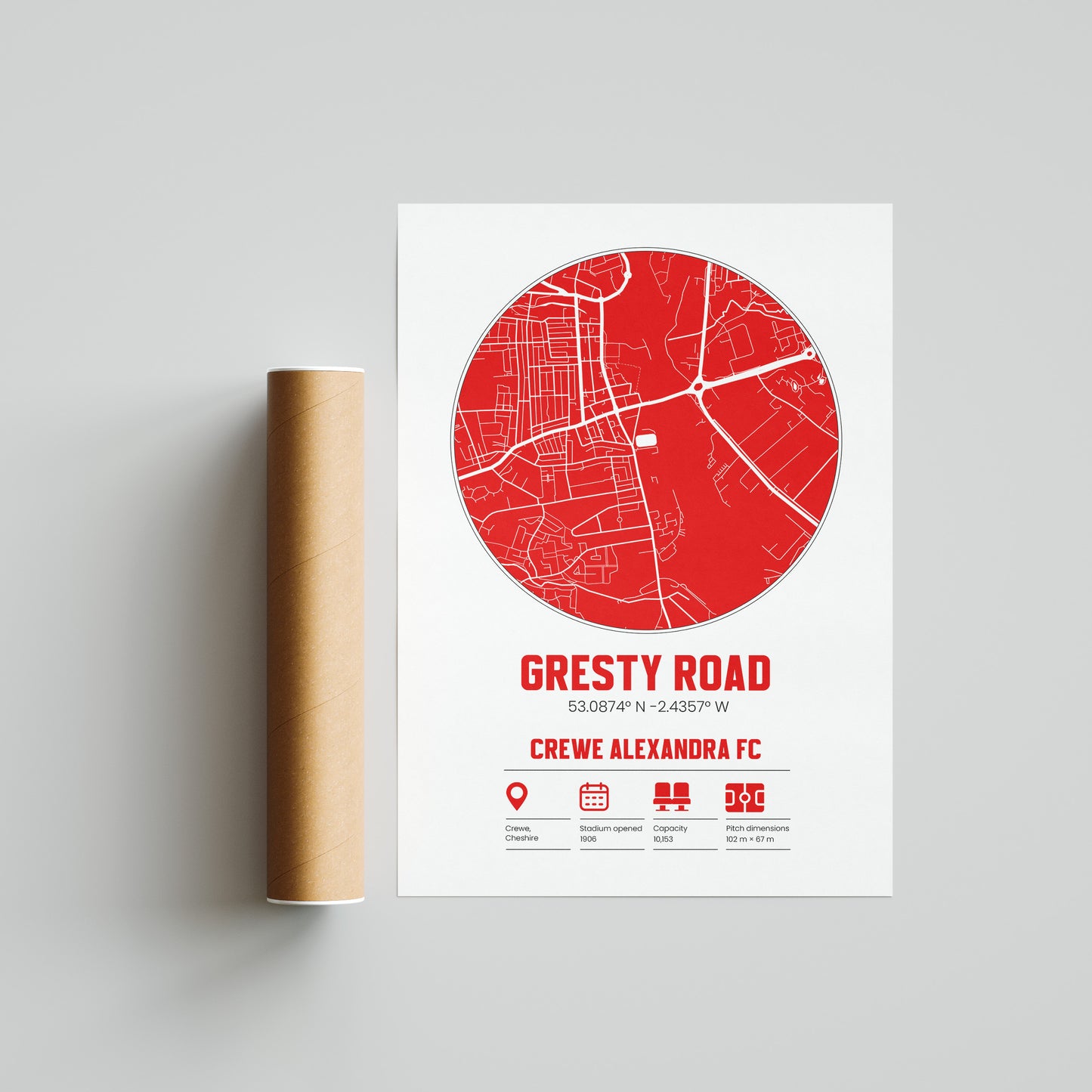 Gresty Road, Crew Alexandra FC - Football Stadium Custom Map Print