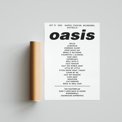 Oasis Setlist Poster - October 31st , Marvel Stadium, Melbourne, Australia