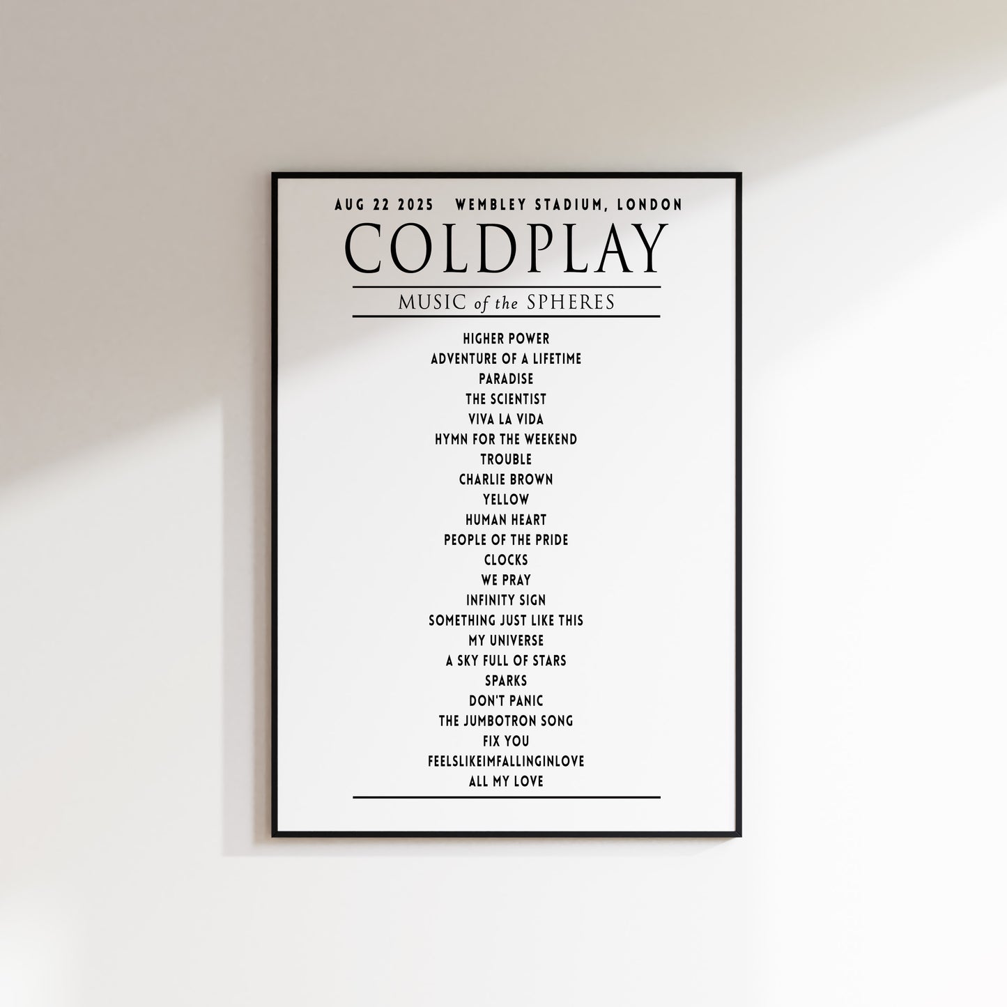 Coldplay Music of the Sphere Your Setlist Poster - 22nd August, Wembley Stadium, London UK