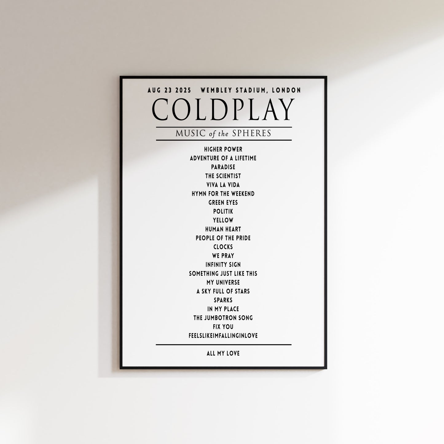 Coldplay Music of the Sphere Your Setlist Poster - 23rd August, Wembley Stadium, London UK