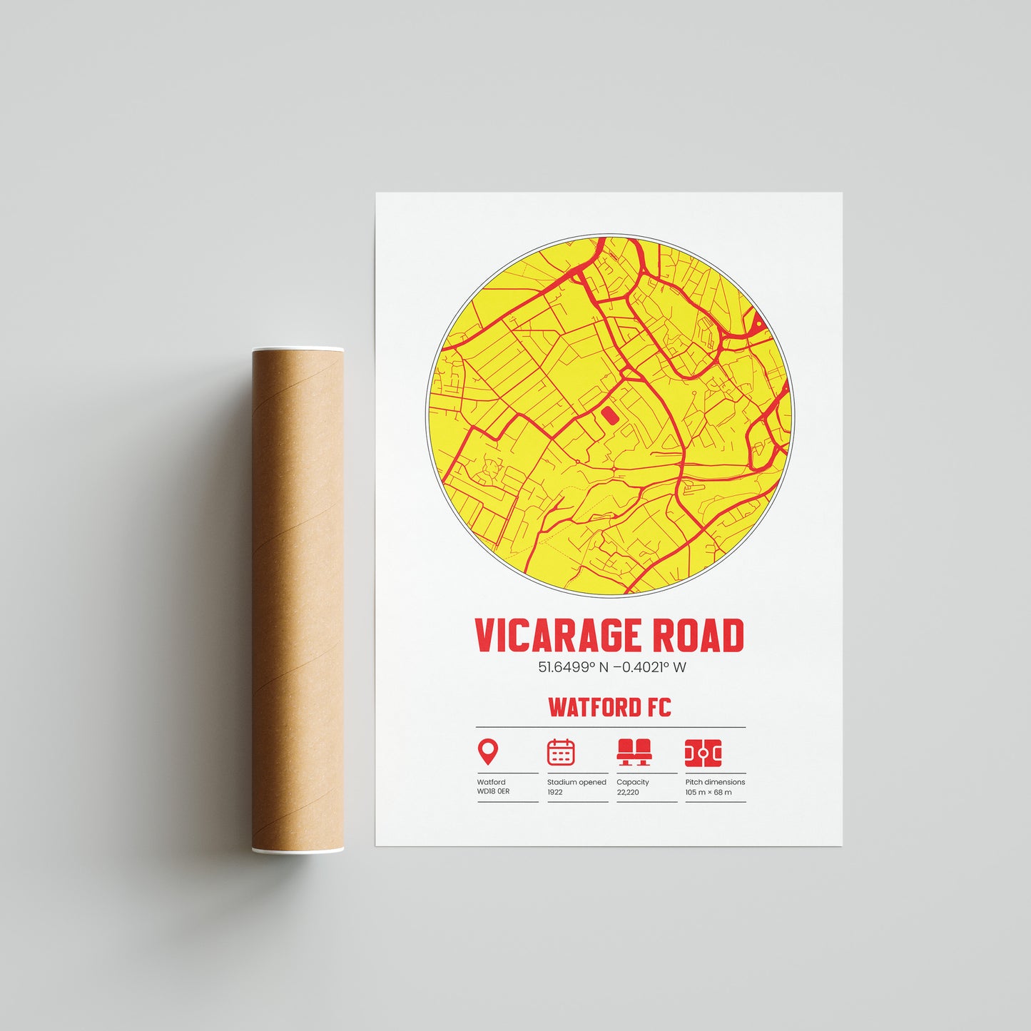 Vicarage Road, Watford FC - Football Stadium Custom Map Print