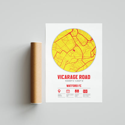 Vicarage Road, Watford FC - Football Stadium Custom Map Print