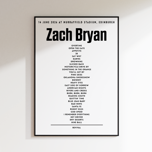 Zach Bryan Setlist - 14th June 2026 at Scottish Gas Murrayfield Stadium, Edinburgh, Scotland