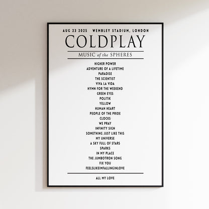 Coldplay Music of the Sphere Your Setlist Poster - 23rd August, Wembley Stadium, London UK