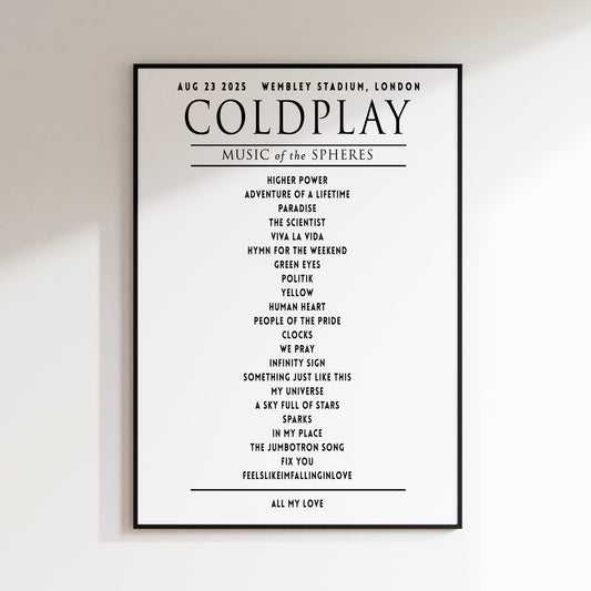 Coldplay Music of the Sphere Your Setlist Poster - 23rd August, Wembley Stadium, London UK