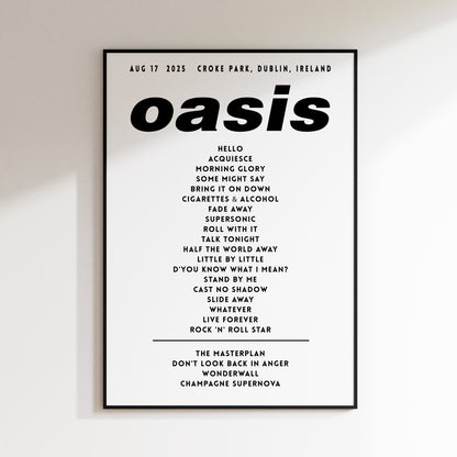 Oasis Setlist Poster - 17th August 2025, Croke Park, Dublin, Ireland