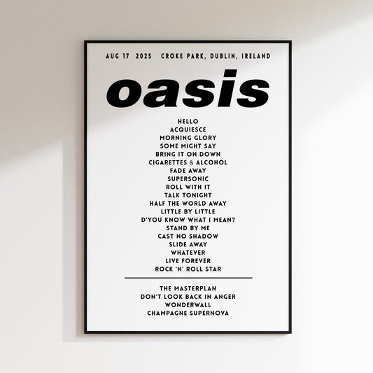 Oasis Setlist Poster - 17th August 2025, Croke Park, Dublin, Ireland