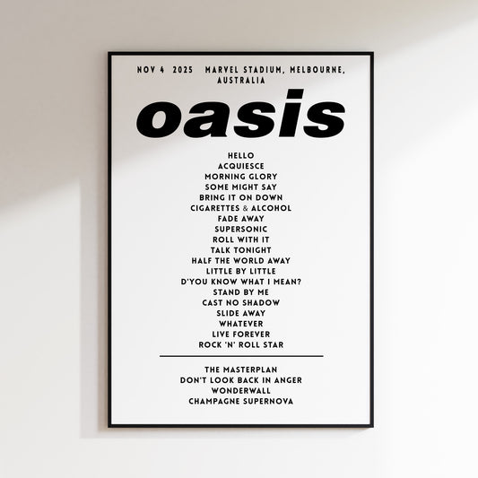 Oasis Setlist Poster - November 4th , Marvel Stadium, Melbourne, Australia