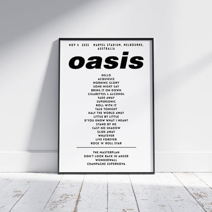 Oasis Setlist Poster - November 4th , Marvel Stadium, Melbourne, Australia