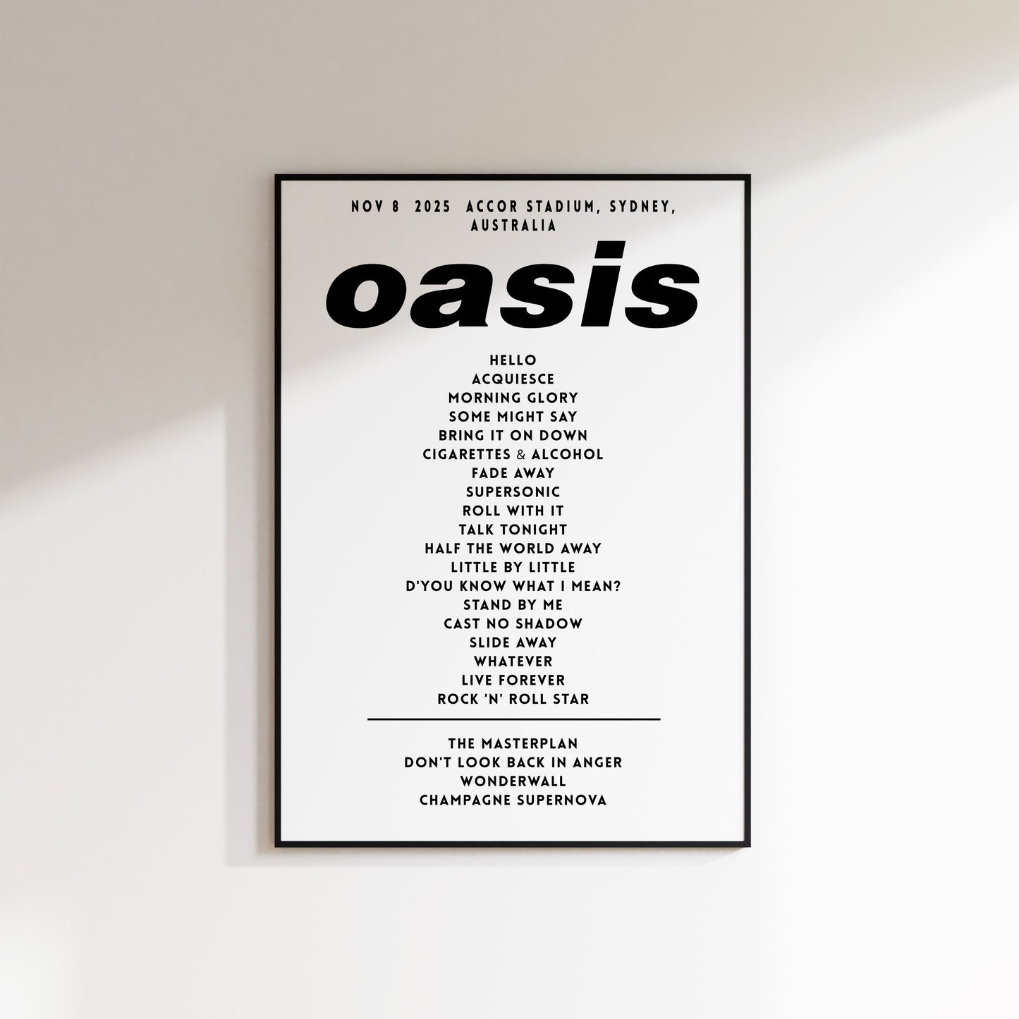 Oasis Setlist Poster - November 8th 2025 - Accor Stadium, Sydney, Australia