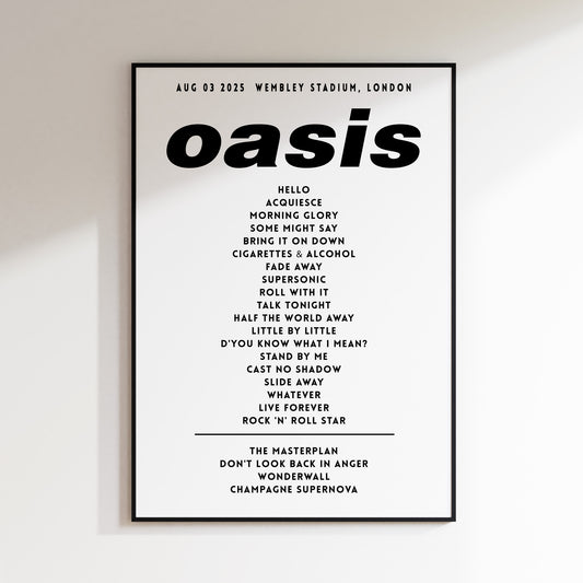 Oasis Setlist Poster - 3rd August, Wembley Stadium, London