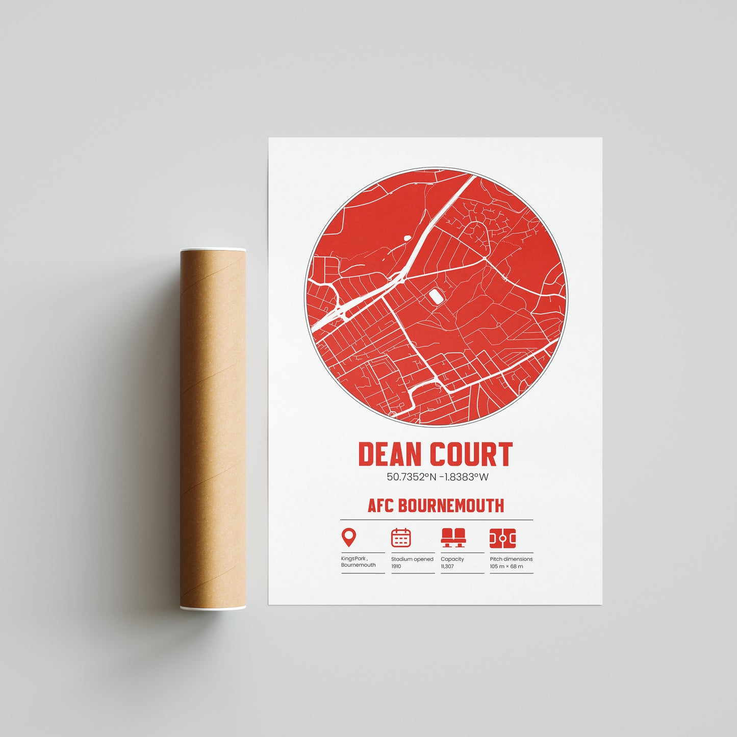 Dean Court, AFC Bournemouth - Football Stadium Custom Map Print