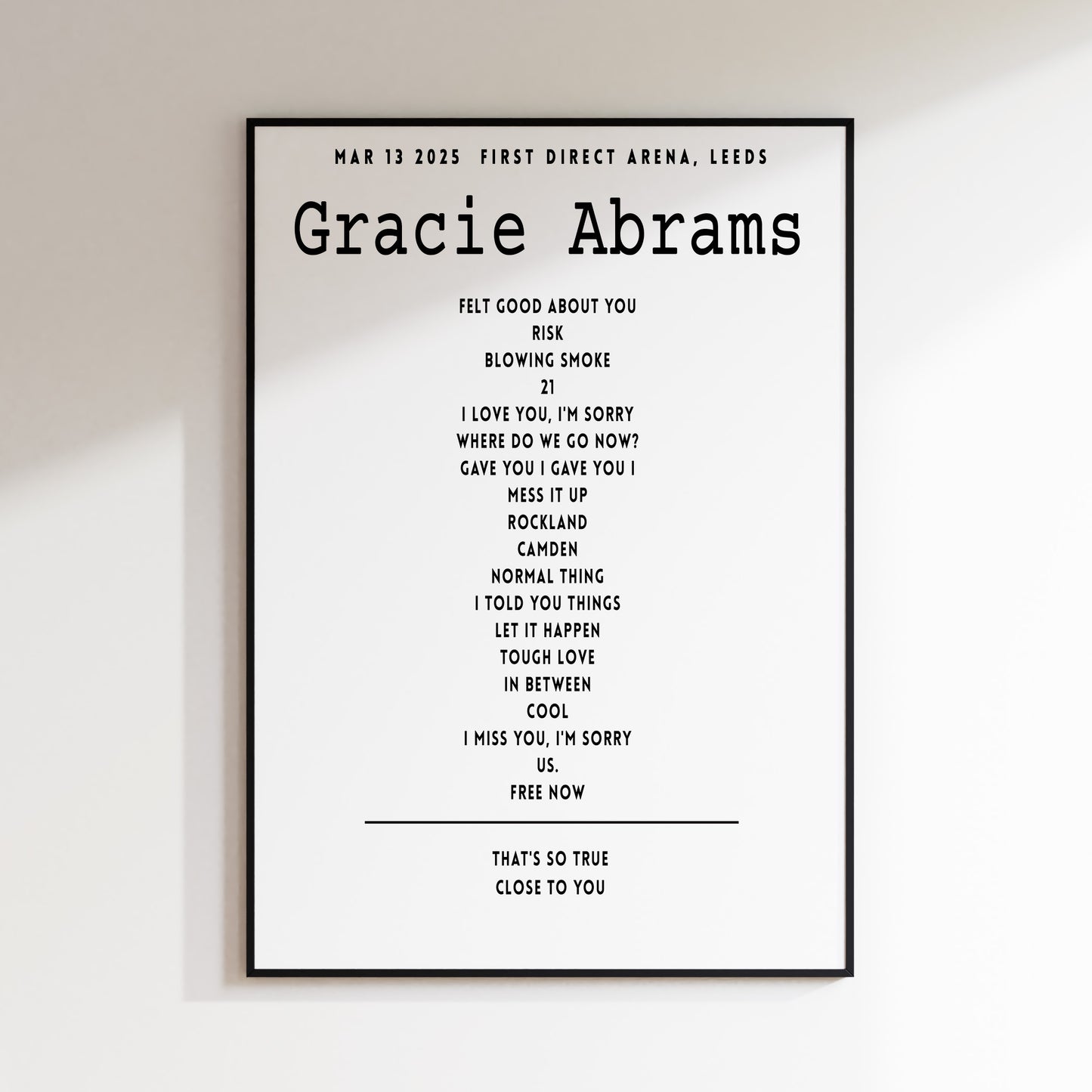 Gracie Abrams Setlist - March 13th 2025 First Direct Arena, Leeds