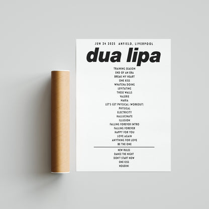 Dua Lipa Setlist Poster- Anfield, Liverpool 2025 UK Poster – Radical Optimism Tour Print