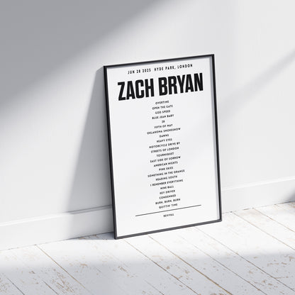 Zach Bryan Setlist, June 28th 2025, Hyde Park, London