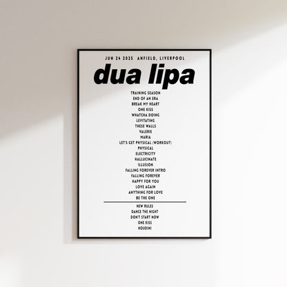 Dua Lipa Setlist Poster- Anfield, Liverpool 2025 UK Poster – Radical Optimism Tour Print