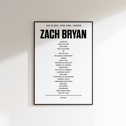 Zach Bryan Setlist, June 28th 2025, Hyde Park, London