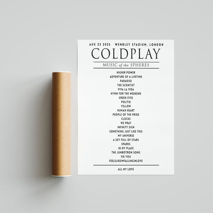 Coldplay Music of the Sphere Your Setlist Poster - 23rd August, Wembley Stadium, London UK
