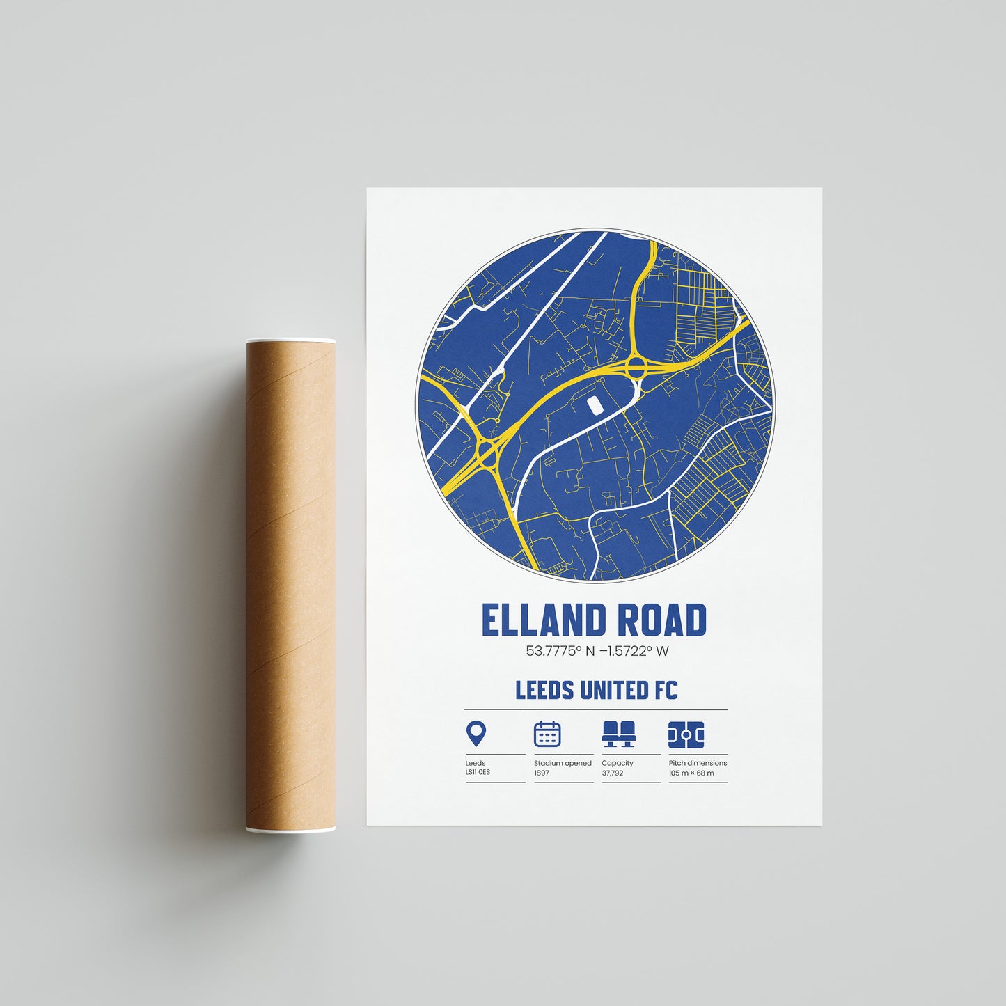 Elland Road, Leeds United  - Football Stadium Custom Map Print