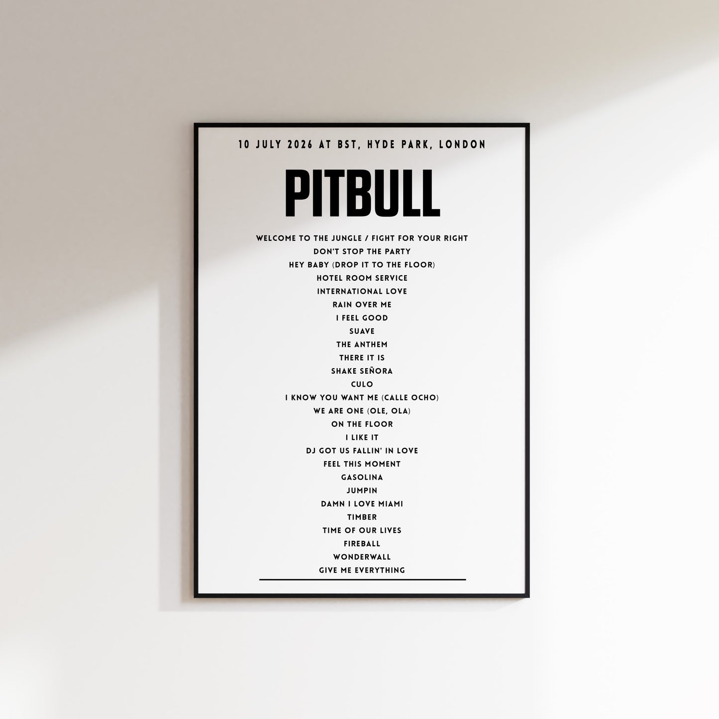 PITBULL setlist - 10 July 2026 at BST, Hyde Park, London