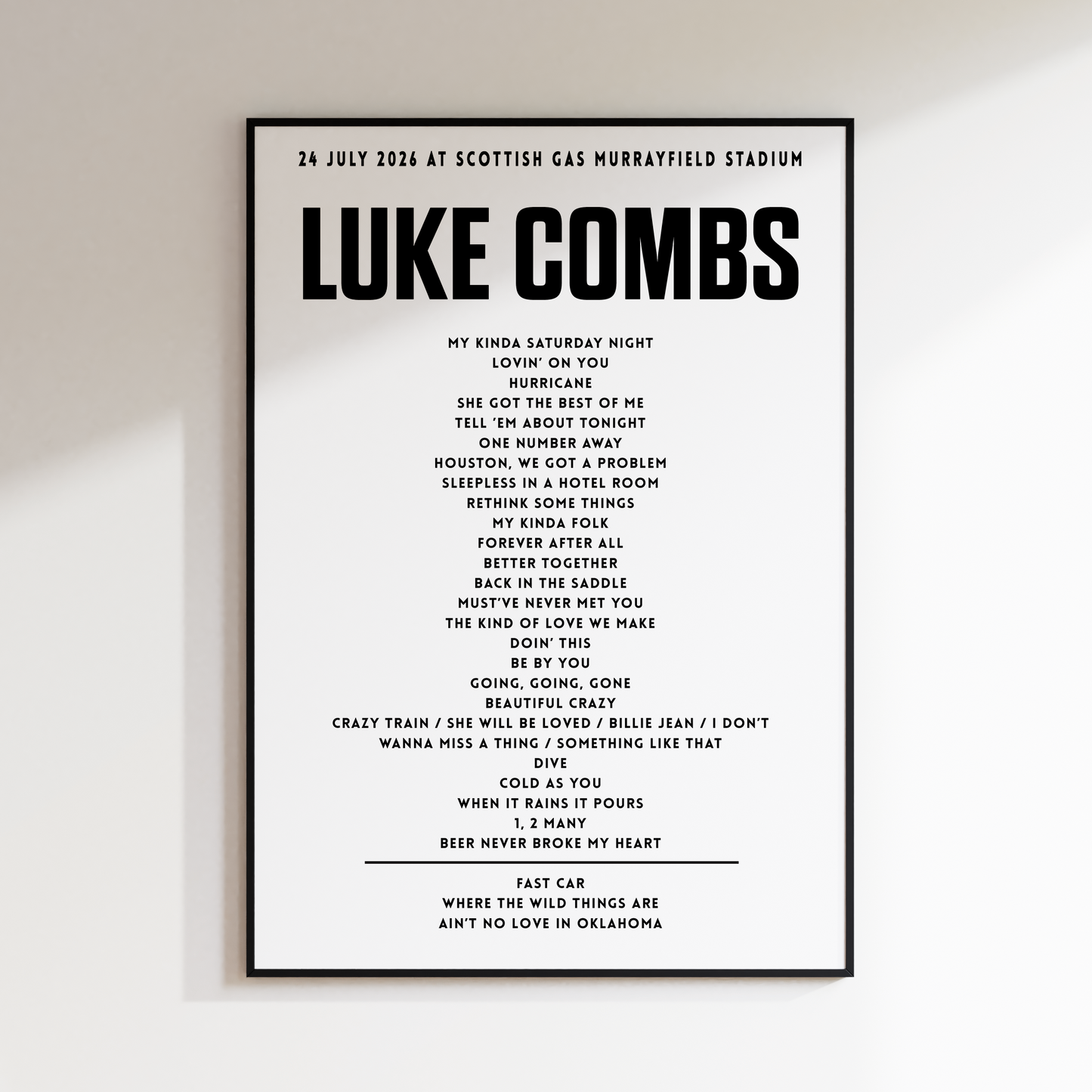Luke Combs setlist – 24th July 2026 at Scottish Gas Murrayfield Stadium, Edinburgh, Scotland